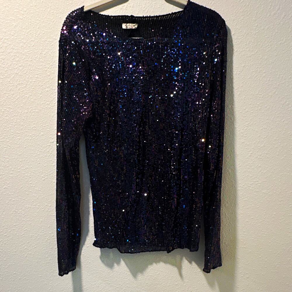 Free People Womens Black Purple Solid Knit Sequin Boat Neck Top L/XL 0090